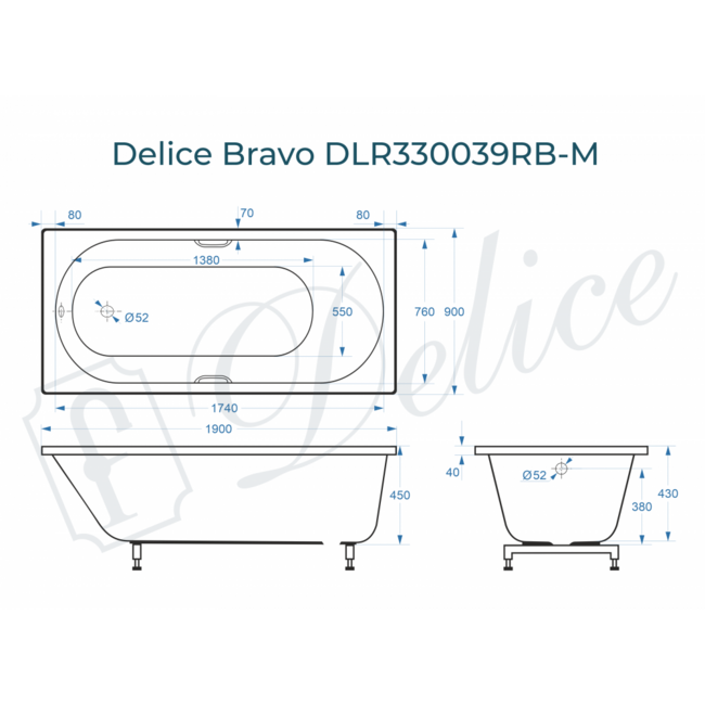 Delice Bravo 190х90 матовая с черными ручками (в комплекте только ванна, без ножек и слива-перелива)